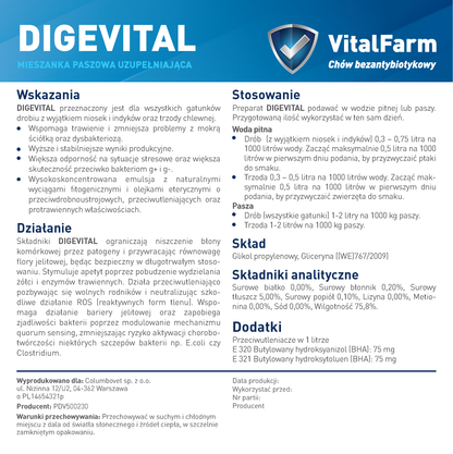 Tył etykiety suplementu Digevital marki VitalFarm. Na niej: wskazania, działanie, stosowanie, skład, data, seria, dystrybutor