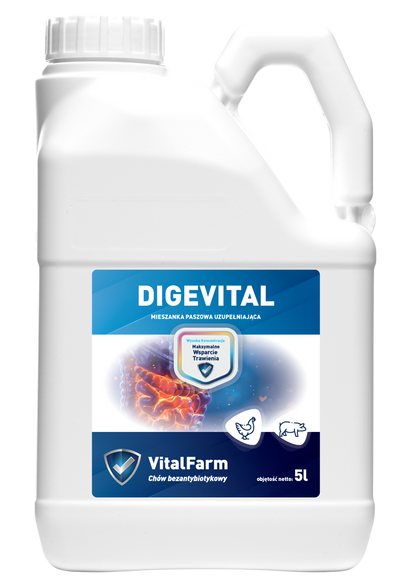 Mieszanka paszowa uzupełniająca Digevital marki VitalFarm dla drobiu i trzody, w białej bańce 5l, etykieta głównie granatowa.