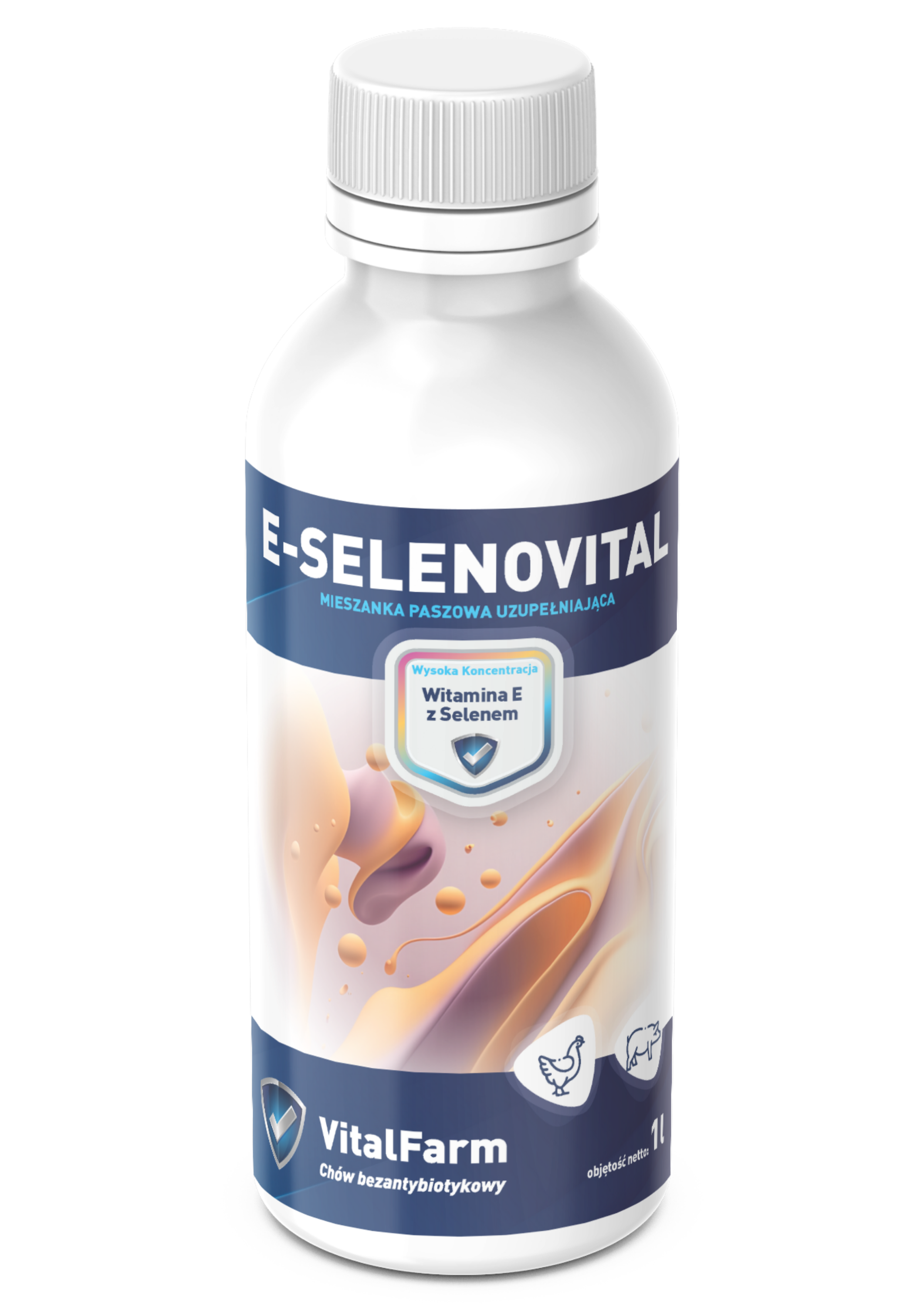 Mieszanka paszowa uzupełniająca E-Selenovital marki VitalFarm w białej butelce 1L. Etykieta kolorowa z grafiką i piktogramami