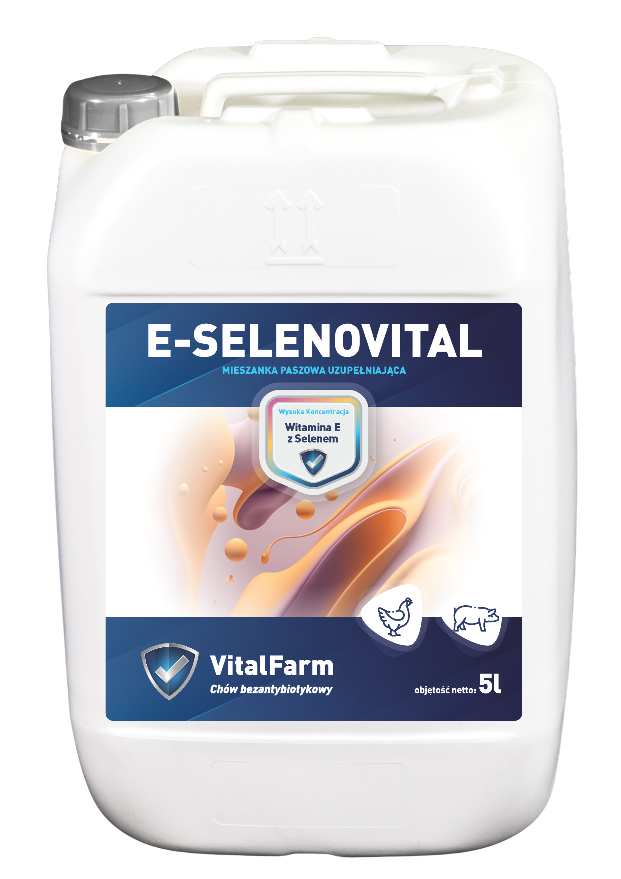 Mieszanka paszowa uzupełniająca E-Selenovital marki VitalFarm w białej bańce 5L. Etykieta kolorowa z grafiką i piktogramami.