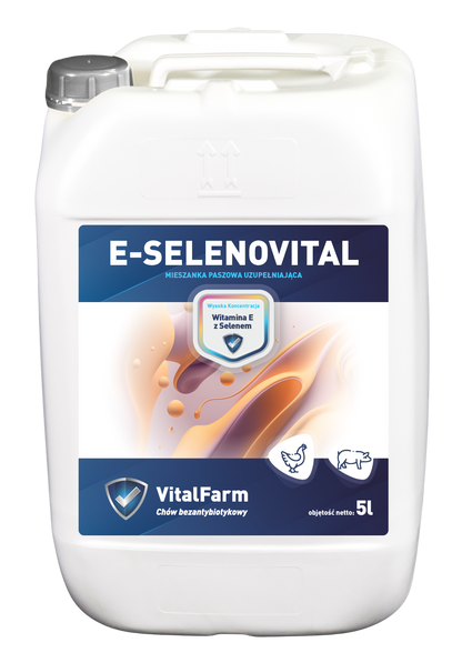 Mieszanka paszowa uzupełniająca E-Selenovital marki VitalFarm w białej bańce 5L. Etykieta kolorowa z grafiką i piktogramami.