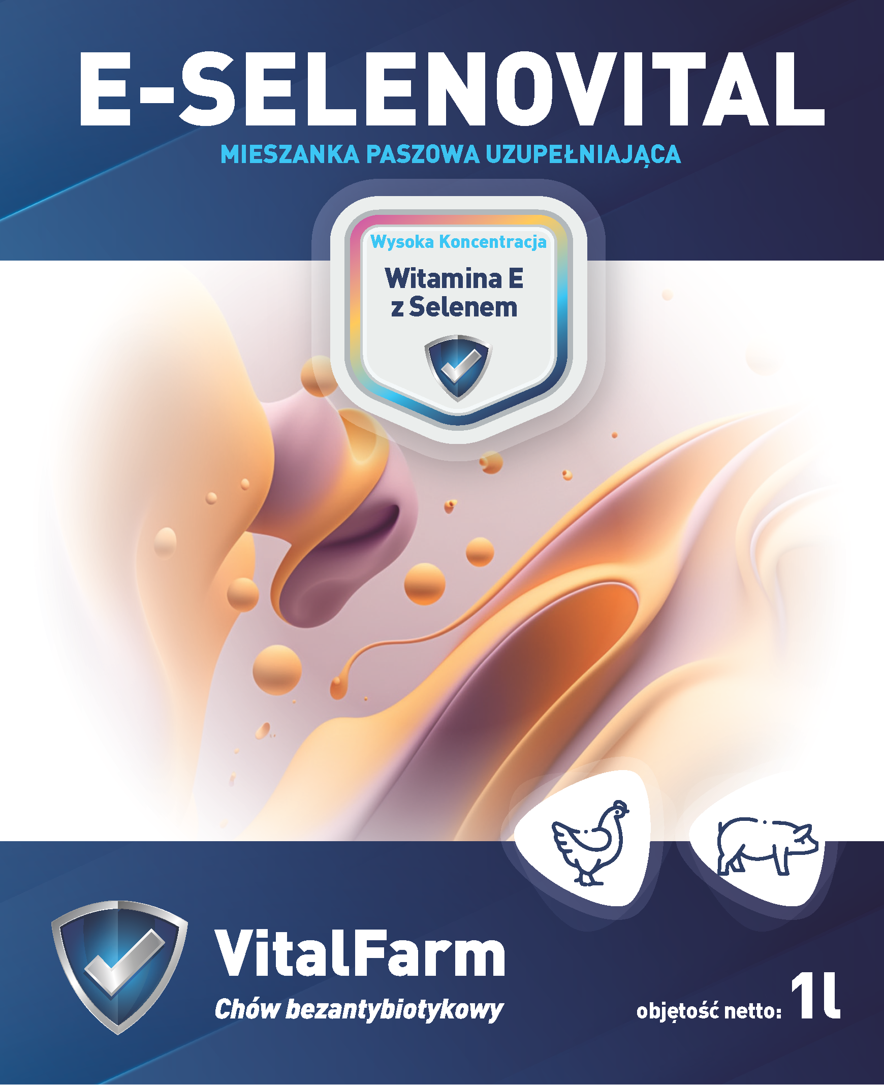 Przód etykiety suplementu E-Selenovital 1L marki VitalFarm. Góra/dół granat, środek grafika, pod nią piktogram kury i świni.