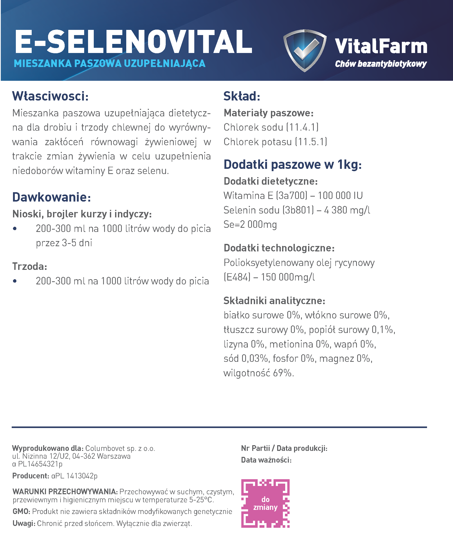 Tył etykiety suplementu E-Selenovital marki VitalFarm. Na niej: właściwości, dawkowanie, skład, data, seria, dystrybutor.