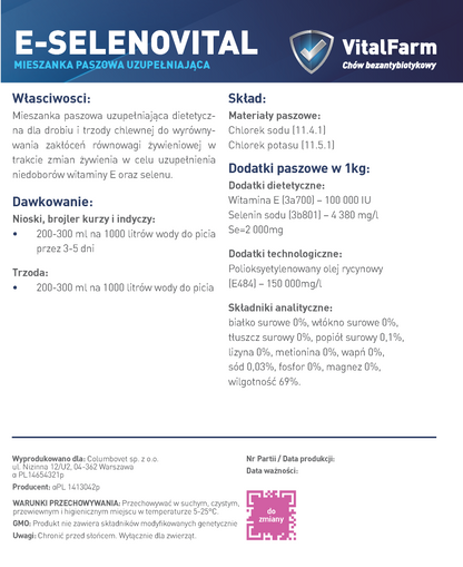 Tył etykiety suplementu E-Selenovital marki VitalFarm. Na niej: właściwości, dawkowanie, skład, data, seria, dystrybutor.