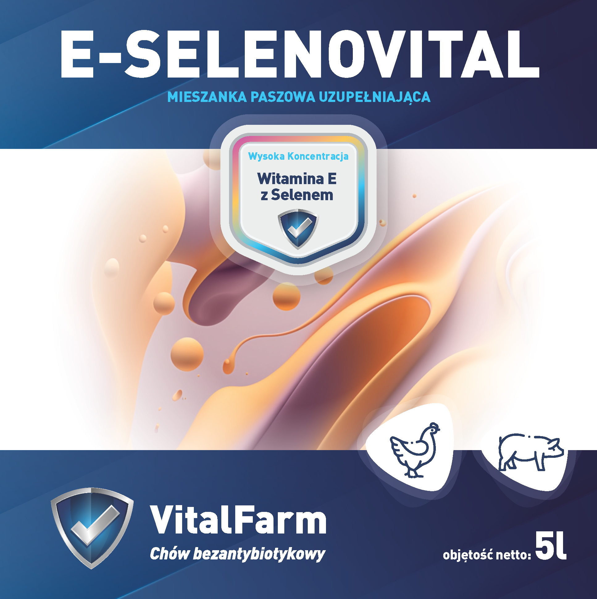 Przód etykiety suplementu E-Selenovital 5L marki VitalFarm. Góra/dół granat, środek grafika, pod nią piktogram kury i świni.
