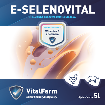 Przód etykiety suplementu E-Selenovital 5L marki VitalFarm. Góra/dół granat, środek grafika, pod nią piktogram kury i świni.