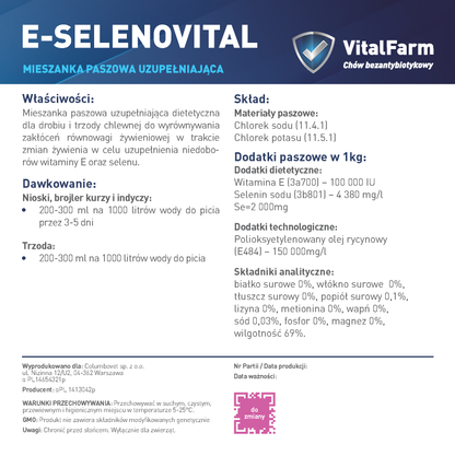 Tył etykiety suplementu E-Selenovital marki VitalFarm. Na niej: właściwości, dawkowanie, skład, data, seria, dystrybutor.