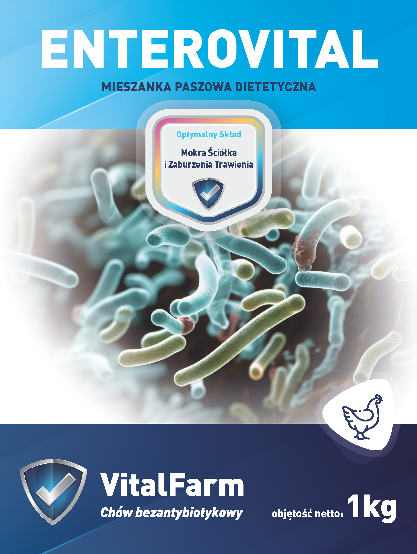 Przód etykiety suplementu Enterovital marki VitalFarm 1 kg. Góra błękitna, dół granatowy z piktogramem kury, środek grafika.