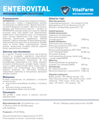 Tył etykiety suplementu Enterovital marki VitalFarm. W opisie: przeznaczenie, czas stosowania, wskazania, stosowanie, skład.