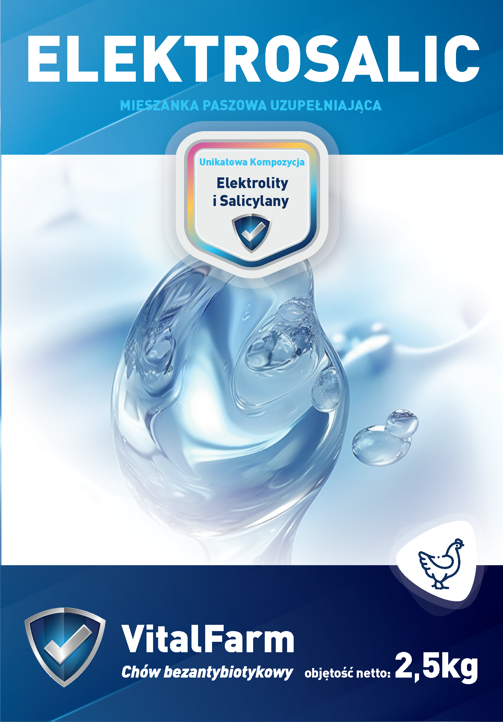 Przód etykiety suplementu Elektrosalic marki VitalFarm 2,5 kg. Etykieta głównie w granatowych barwach z piktogramem kury.