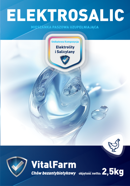 Przód etykiety suplementu Elektrosalic marki VitalFarm 2,5 kg. Etykieta głównie w granatowych barwach z piktogramem kury.