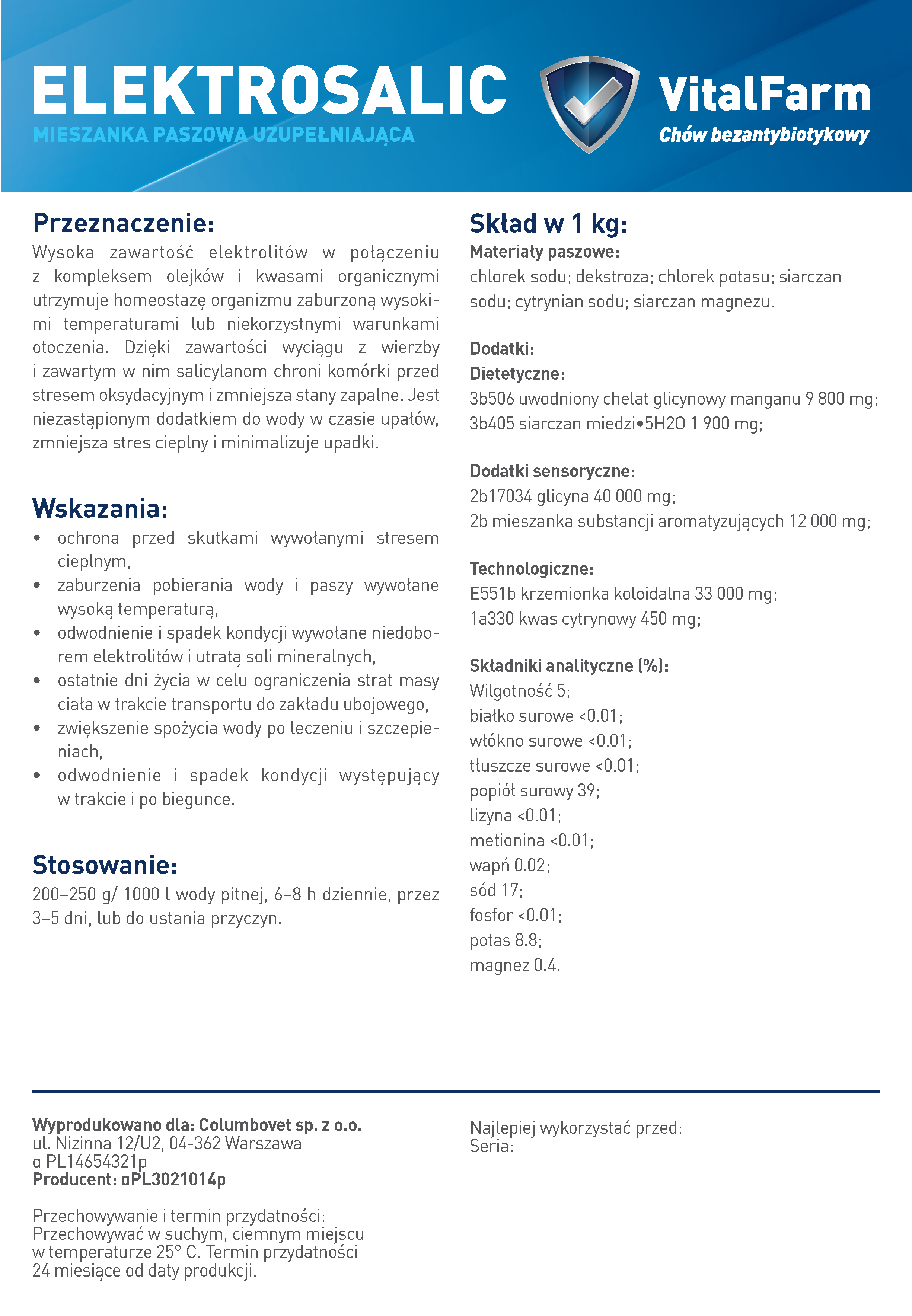 Tył etykiety suplementu Elektrosalic marki VitalFarm. Na niej: przeznaczenie, wskazania, stosowanie, skład, data i seria.
