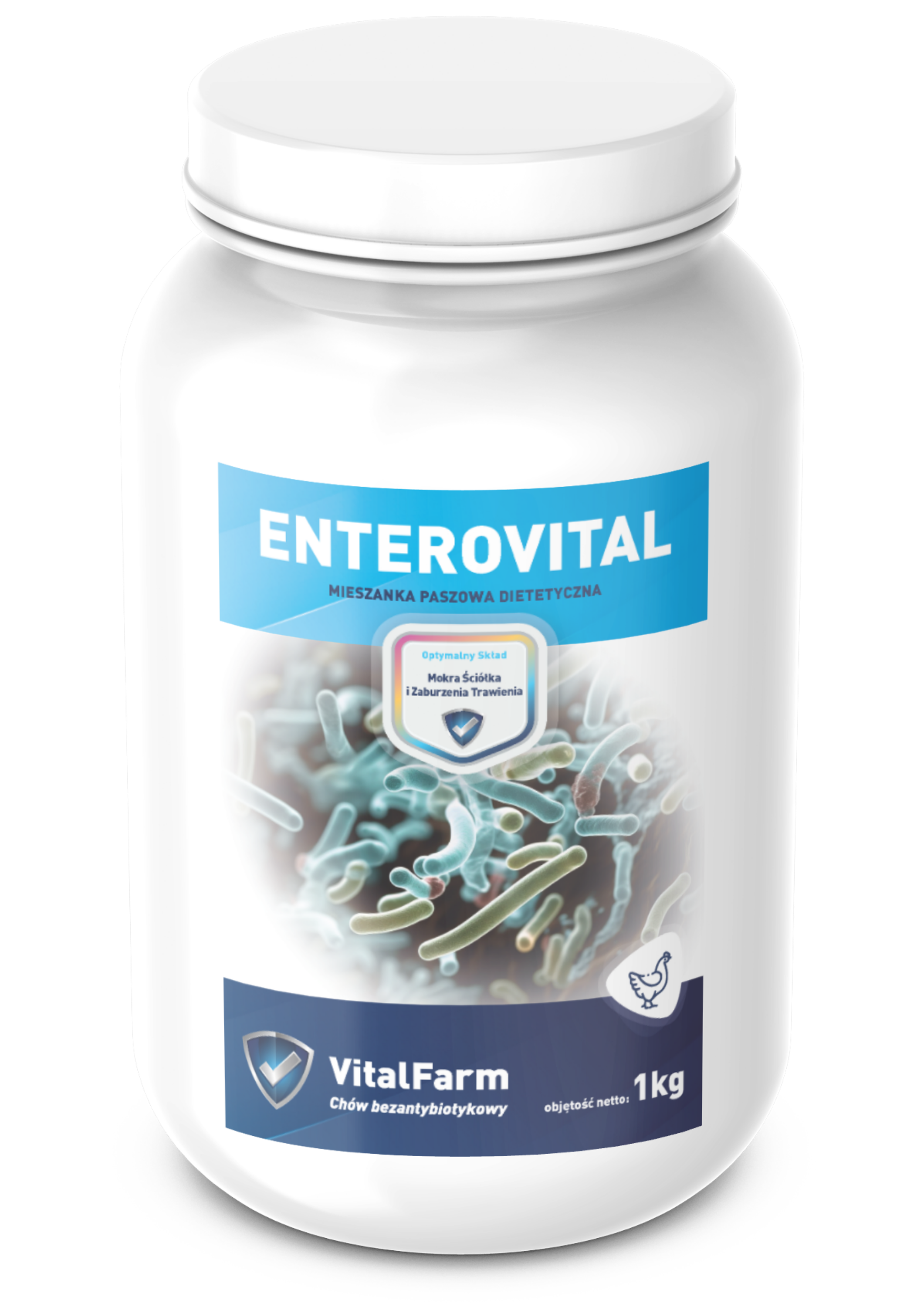Mieszanka paszowa uzupełniająca Enterovital marki VitalFarm w białym opakowaniu 1 kg dla drobiu. Kolorowa etykieta.
