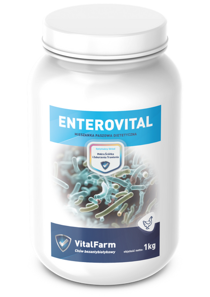 Mieszanka paszowa uzupełniająca Enterovital marki VitalFarm w białym opakowaniu 1 kg dla drobiu. Kolorowa etykieta.