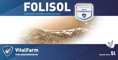 Przód etykiety suplementu Folisol marki VitalFarm 5L. Góra, dół granatowe z piktogramem kury, w środku biało-brązowa grafika.