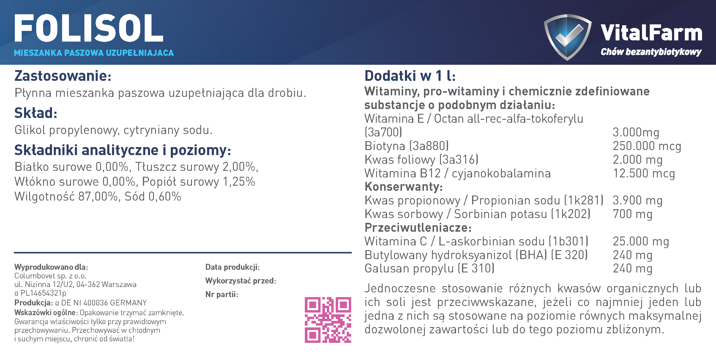 Tył etykiety suplementu Folisol marki VitalFarm. W opisie: zastosowanie, skład, data, partia, dystrybutor, producent.