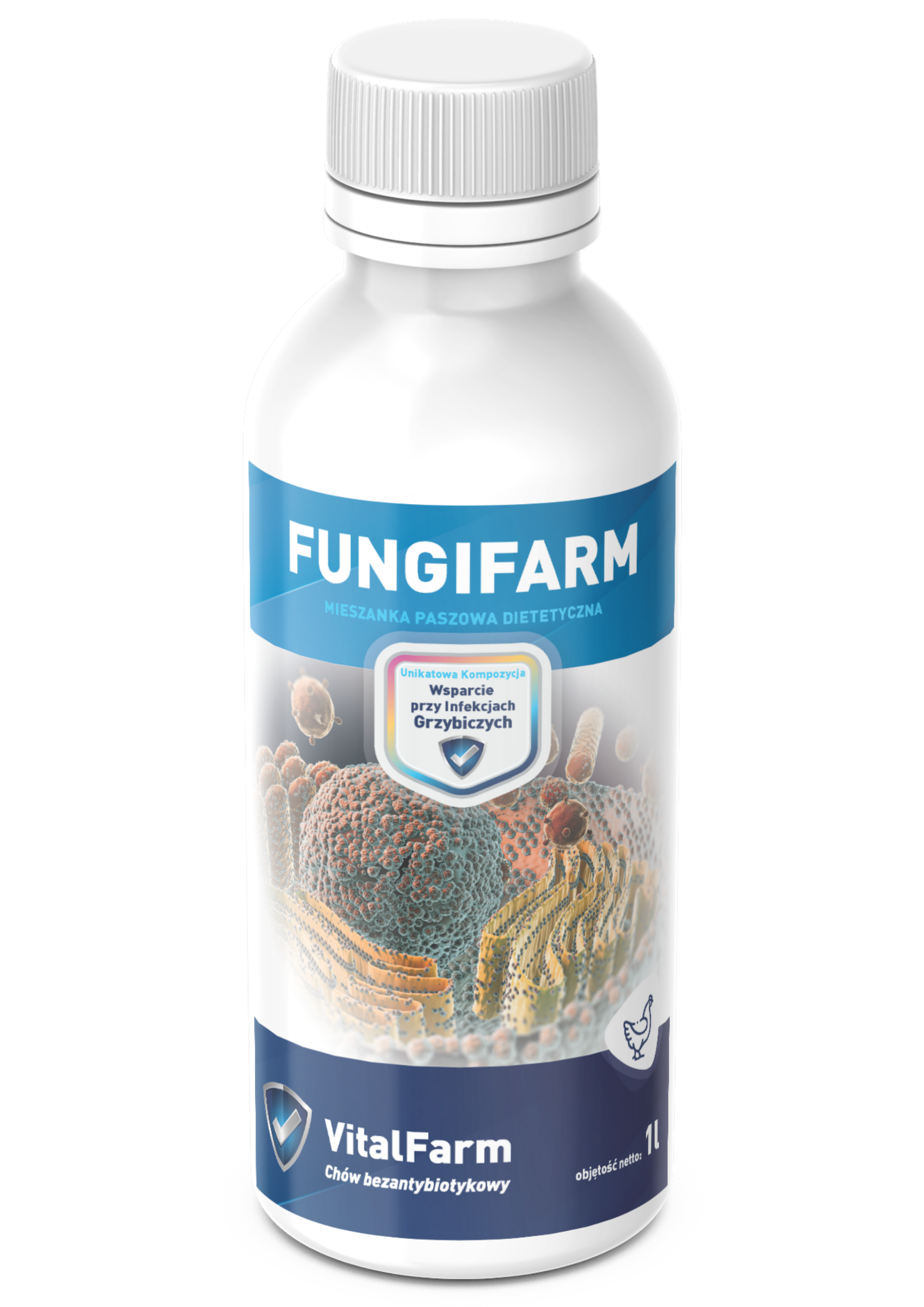 Mieszanka paszowa uzupełniająca Fungifarm marki VitalFarm w białej butelce 1L dla drobiu. Kolorowa etykieta.
