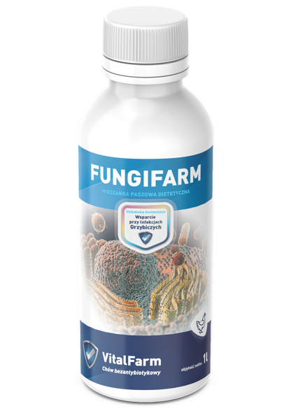 Mieszanka paszowa uzupełniająca Fungifarm marki VitalFarm w białej butelce 1L dla drobiu. Kolorowa etykieta.