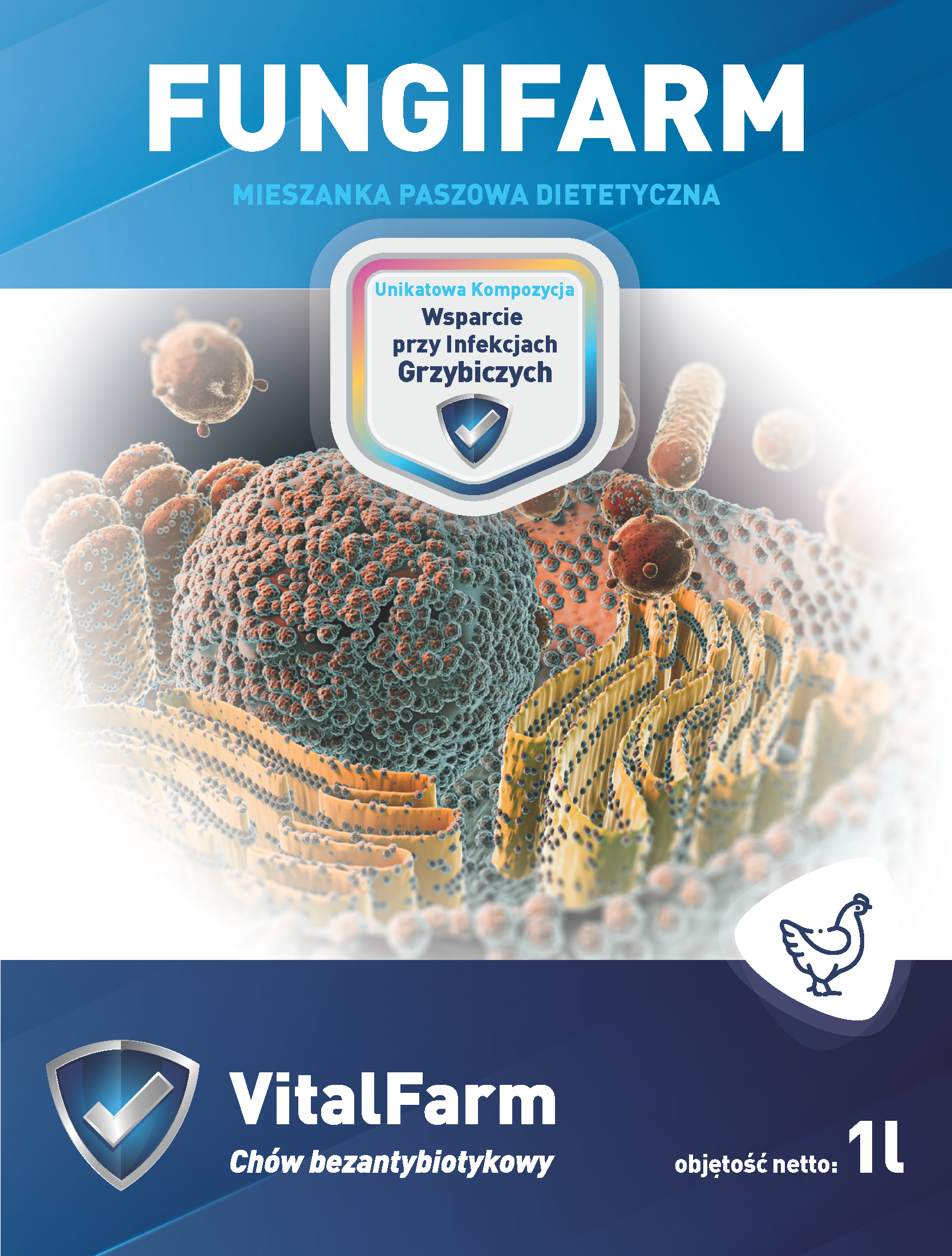 Przód etykiety suplementu Fungifarm marki VitalFarm 1L. Góra niebieska, dół granatowy z piktogramem kury, środek grafika.