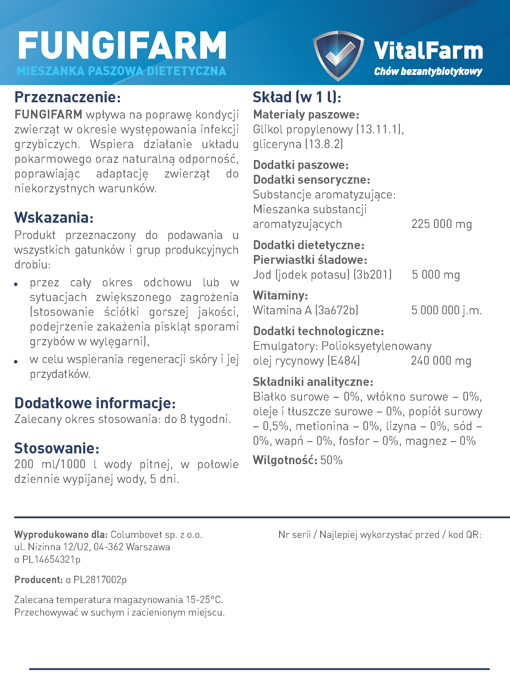 Tył etykiety suplementu Fungifarm marki VitalFarm. W opisie: przeznaczenie, wskazania, stosowanie, skład, seria, data.