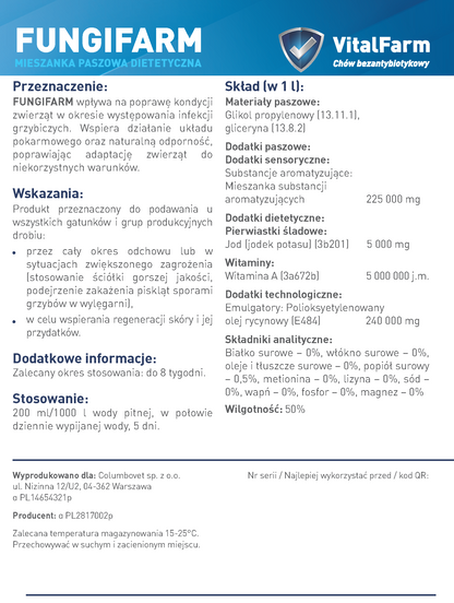Tył etykiety suplementu Fungifarm marki VitalFarm. W opisie: przeznaczenie, wskazania, stosowanie, skład, seria, data.