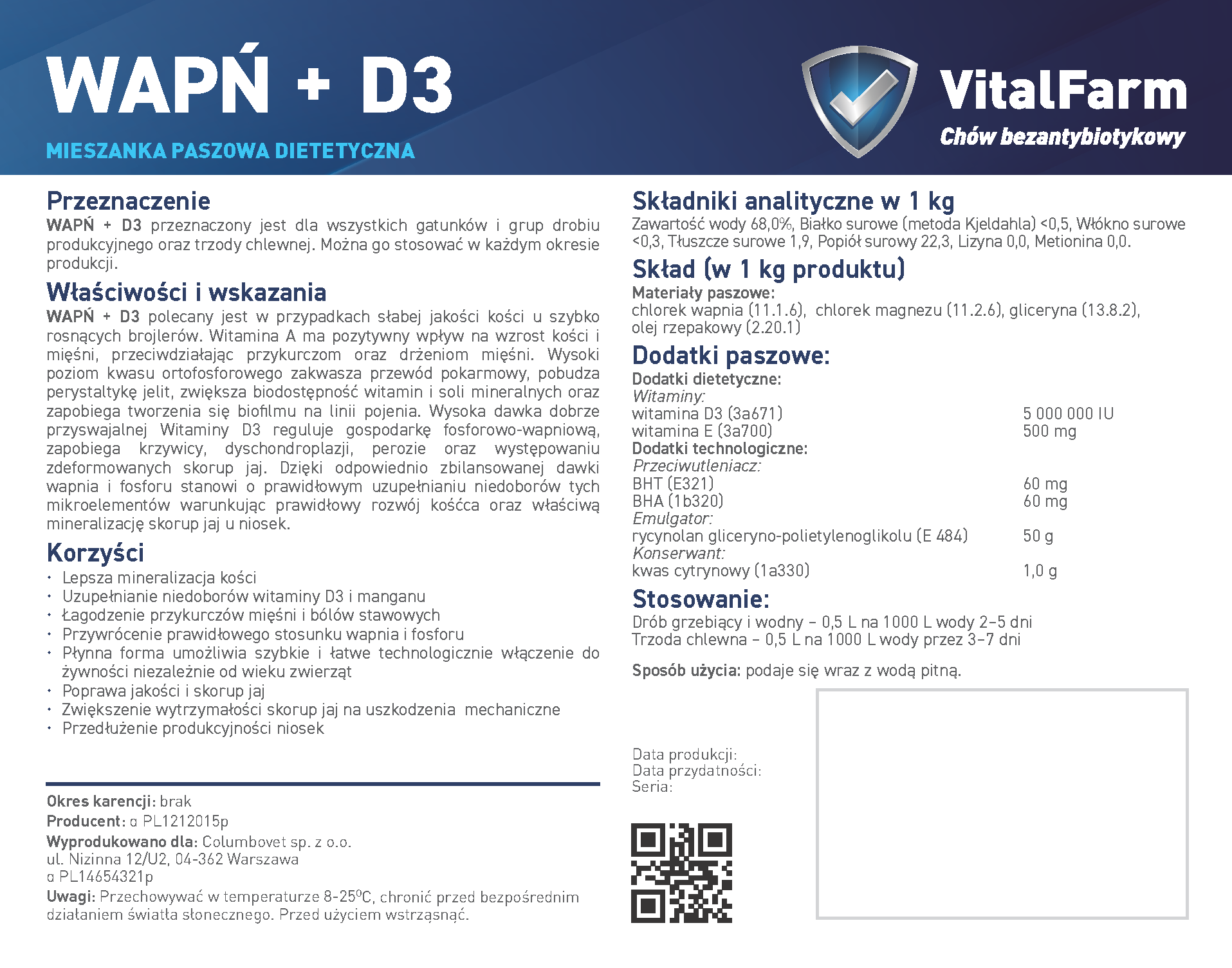 Tył etykiety suplementu Wapń+D3 marki VitalFarm. Na niej: przeznaczenie, właściwości, korzyści, składniki, stosowanie, seria.