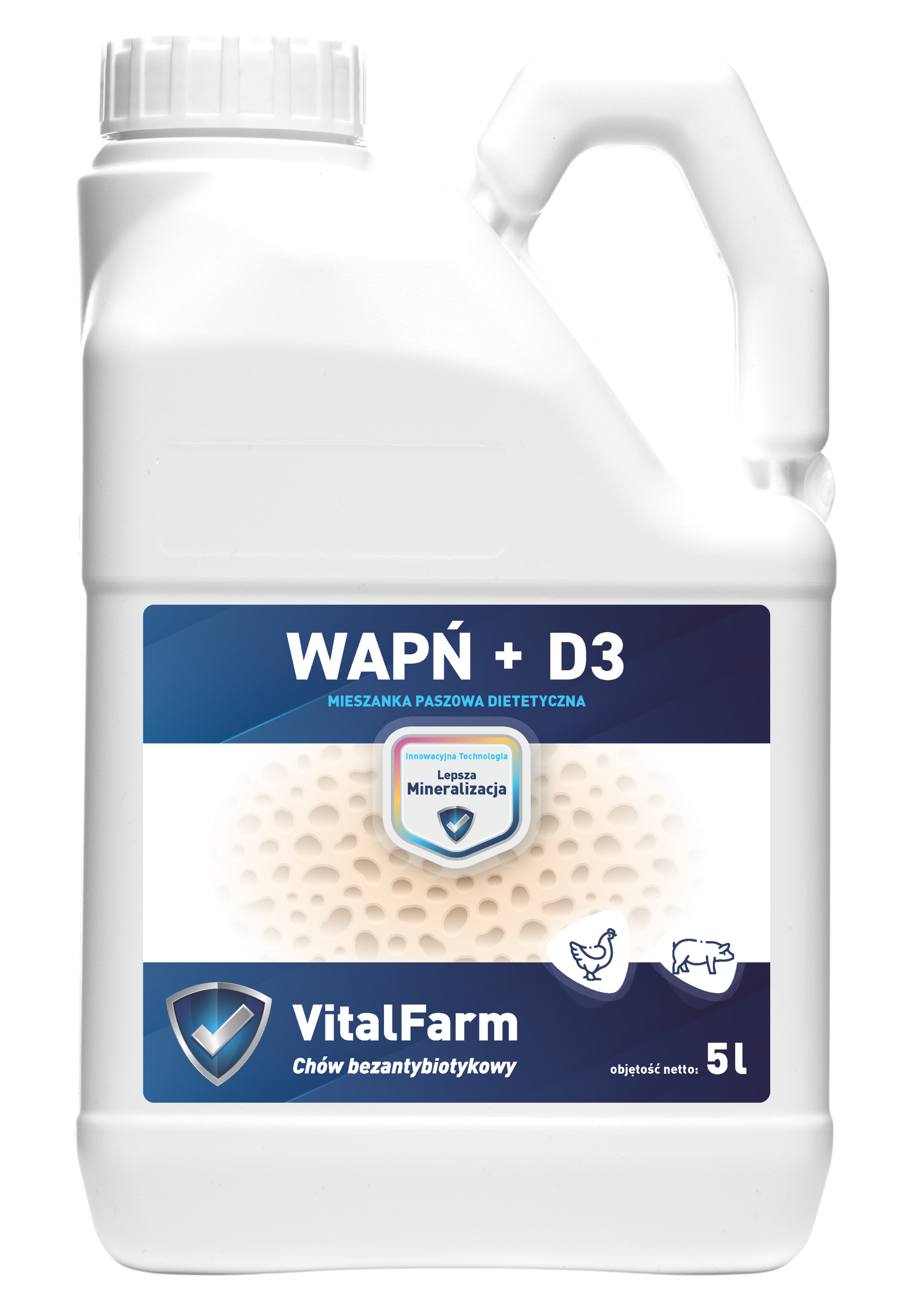Mieszanka paszowa uzupełniająca Wapń + D3 marki VitalFarm, w białej bańce 5L. Etykieta głównie granatowo-biała z grafiką.